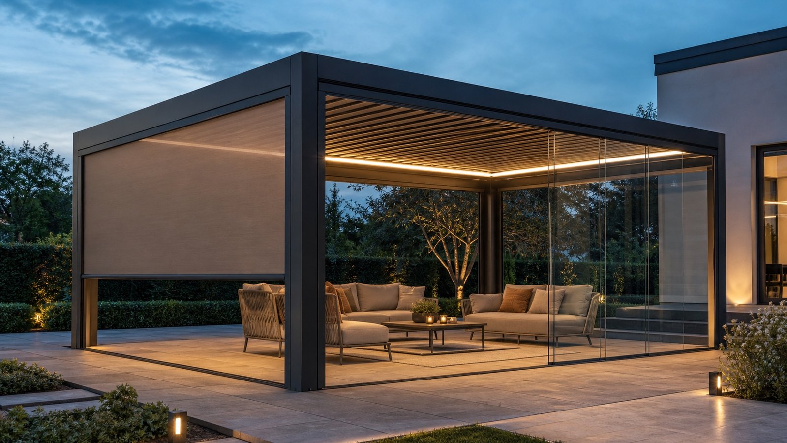 Pergola bei Dämmerung mit Screen, Verglasung und Licht