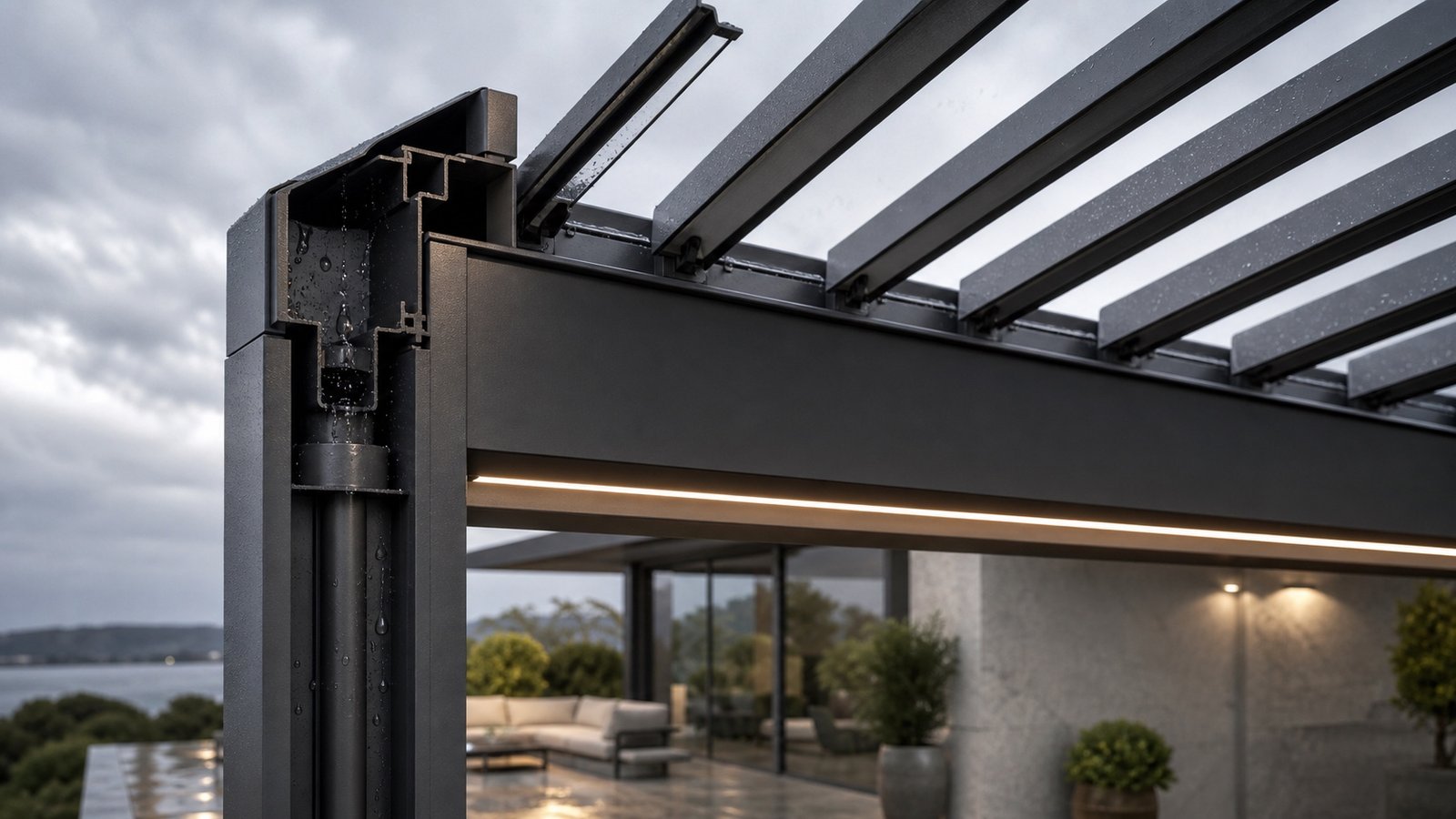 Technisches Detail von Lamellendach, Entwässerung und integrierter LED-Beleuchtung