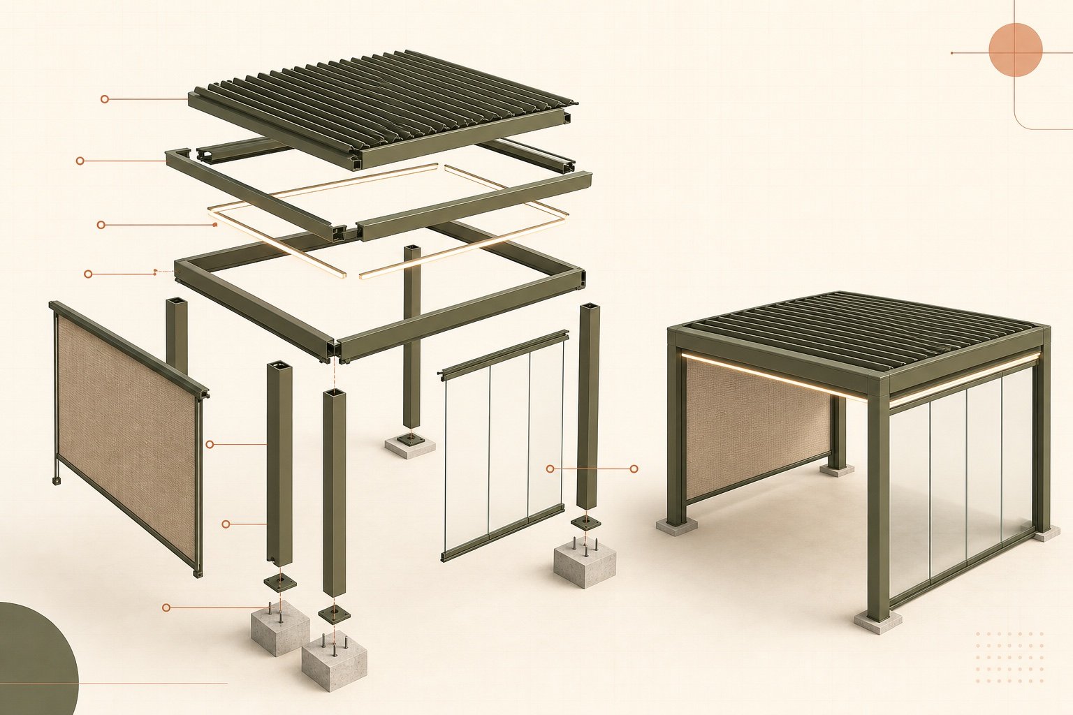Exploded pergola diagram with louvered roof, lighting, side screen, glass wall, posts and foundations